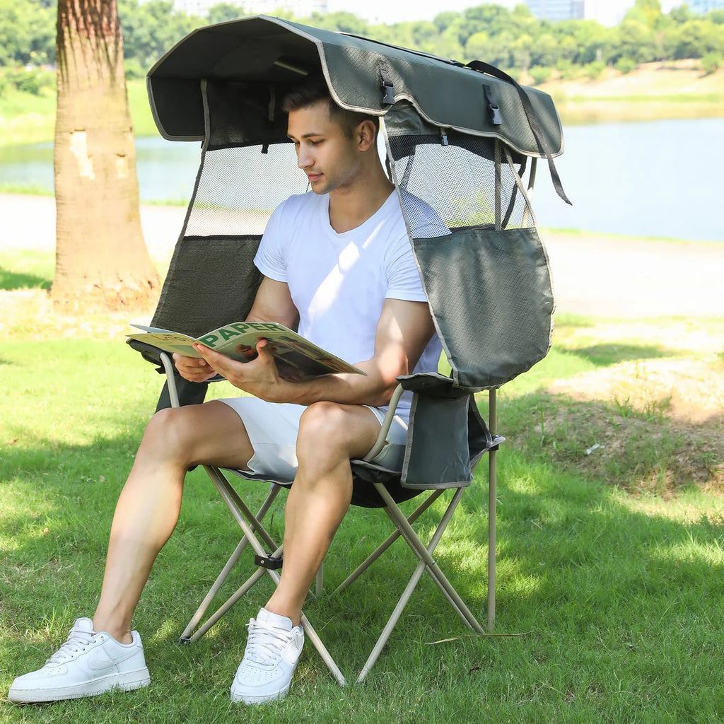 Army Green Folding Camping Chair with Shade Canopy B17867