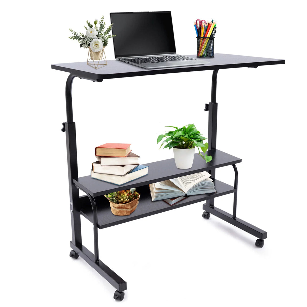 C-Shaped Rolling Sofa Side Table with Shelves Height Adjustable H6826