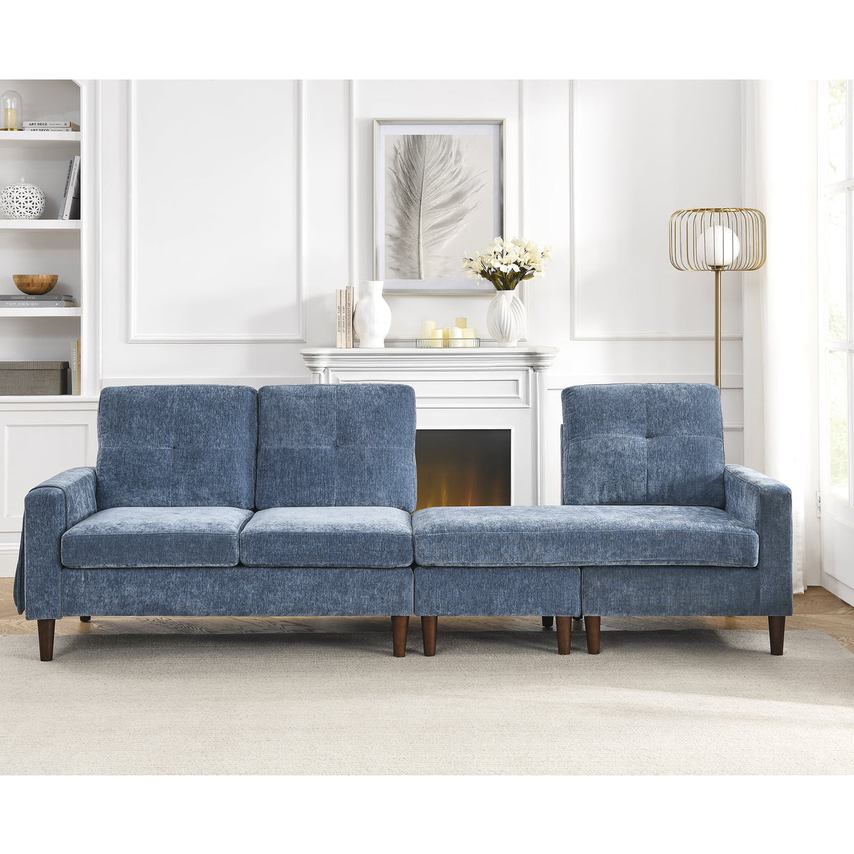 80" Convertible Sectional Sofa Couch, 3 Seats L-shape Sofa with Removable Cushions and Pocket, Rubber Wood Legs, Navy Chenille J778