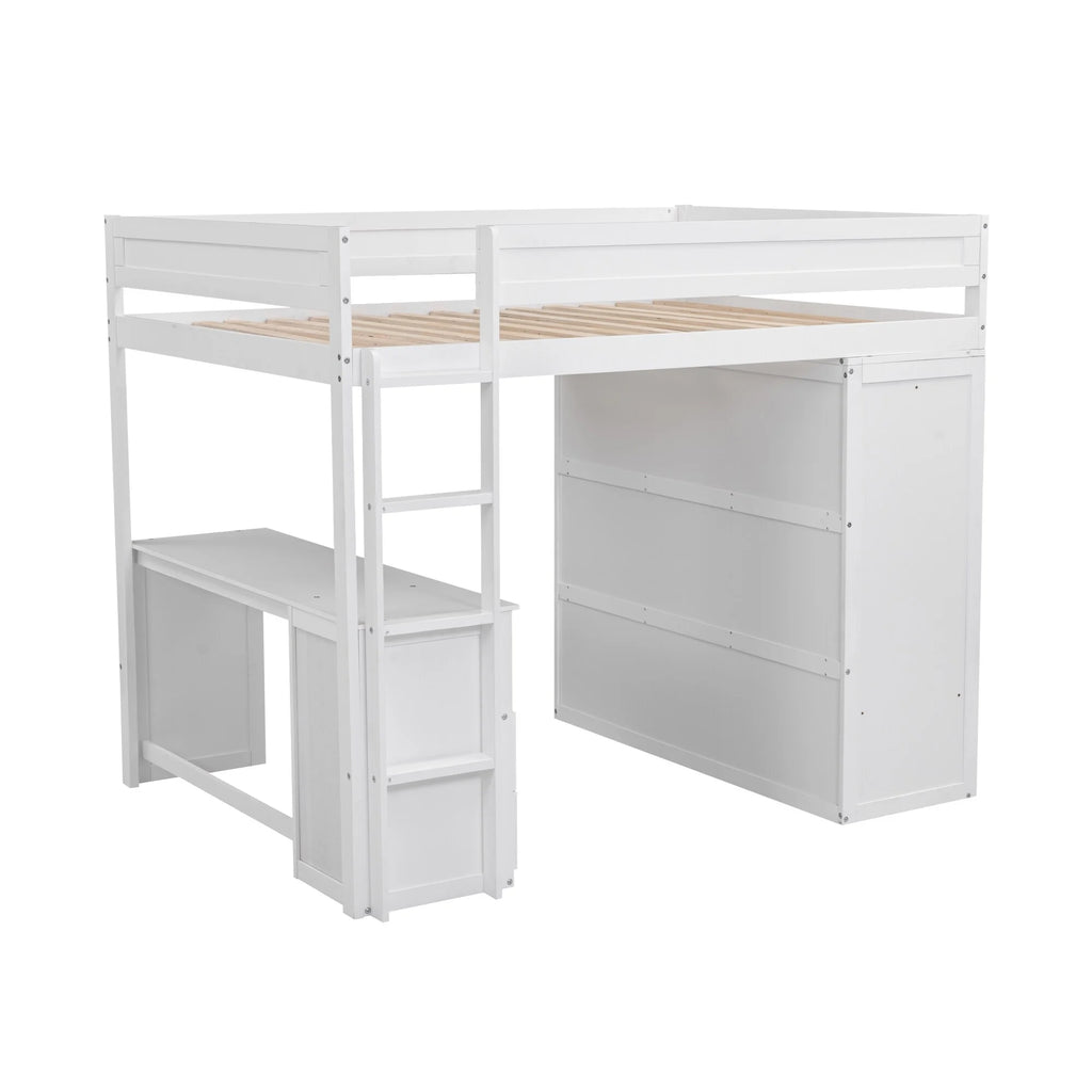 Solid Wood Loft Bed with Built-In Desk & Wardrobe White Full K6404