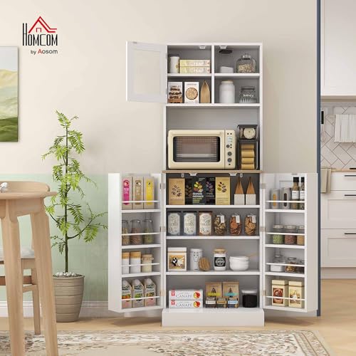 White Kitchen Pantry Cabinet with Microwave Shelf and 8 Door Storage S5929