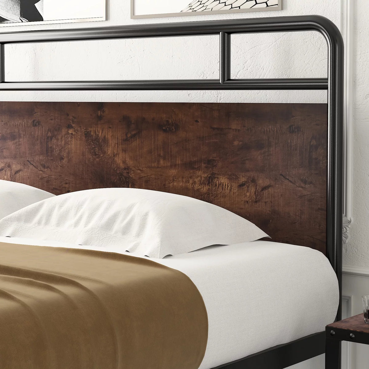 Full Size Metal Platform Bed Frame with Wood Headboard F889353
