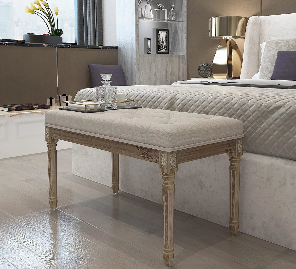 Beige Upholstered Bench with Carved Wood Legs O7666