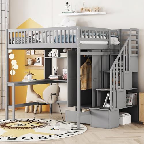 Twin Wood Loft Bed with Staircase, Desk and Wardrobe, Gray G5304