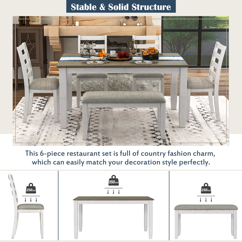 6-Piece Dining Table Set with 4 Upholstered Chairs and Bench J134