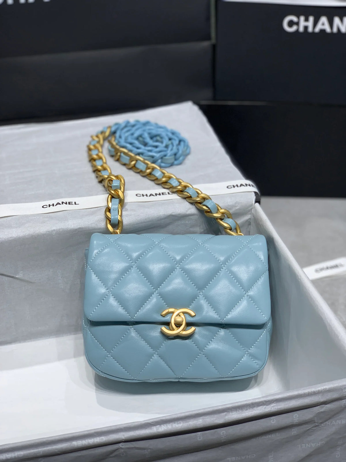 Mini Flap Bag Gold-Tone Metal Blue Bag X7467