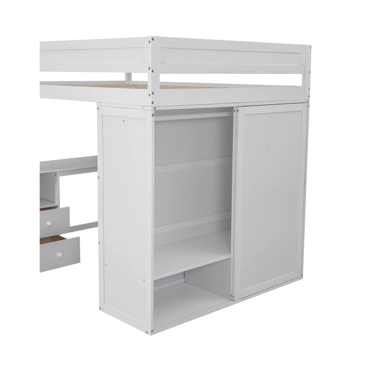 Solid Wood Loft Bed with Built-In Desk & Wardrobe White Full K6404