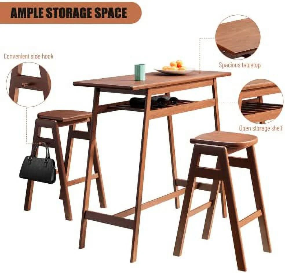 3 PCS Pub Dining Set Rubber Wood Stackable Backless High Stool with Shelf and Hooks H8399