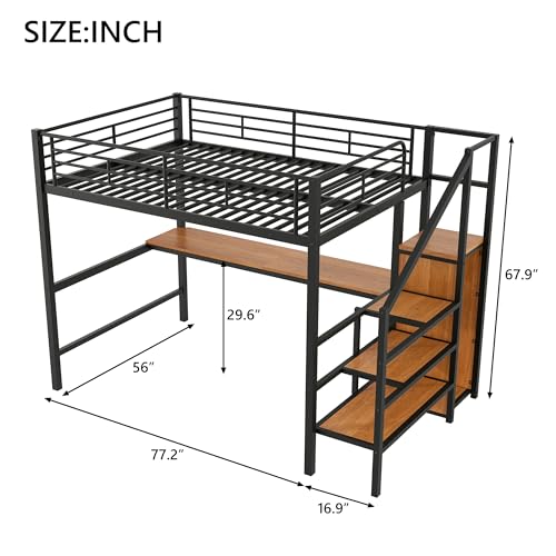 White Queen Loft Bed with Desk and Stairs L45636