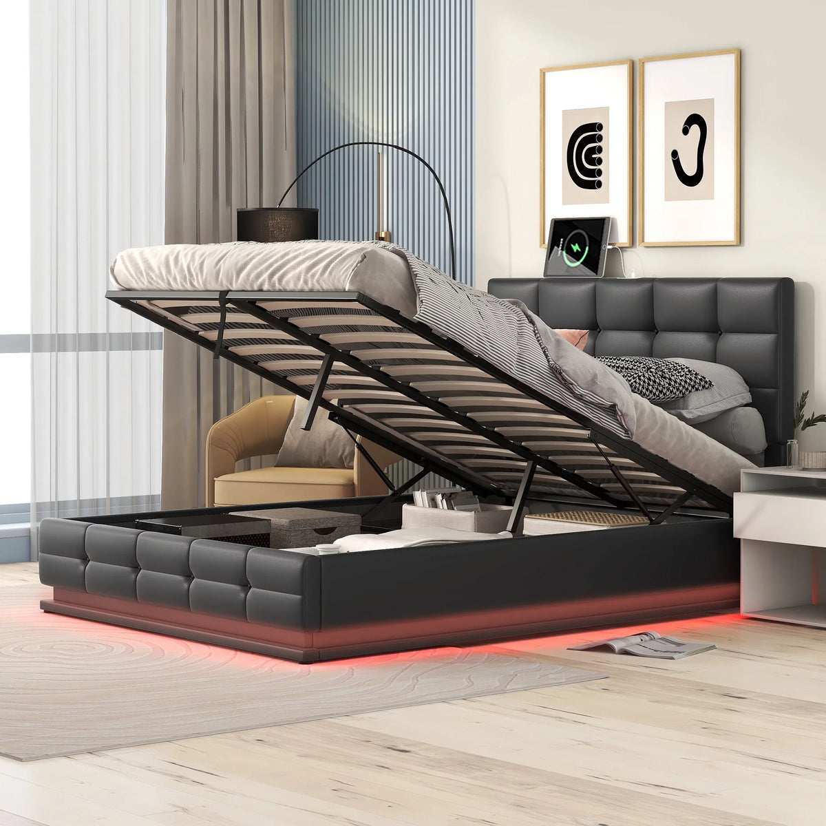 Black Full Size Upholstered Bed Frame with Lift Up Storage V58538