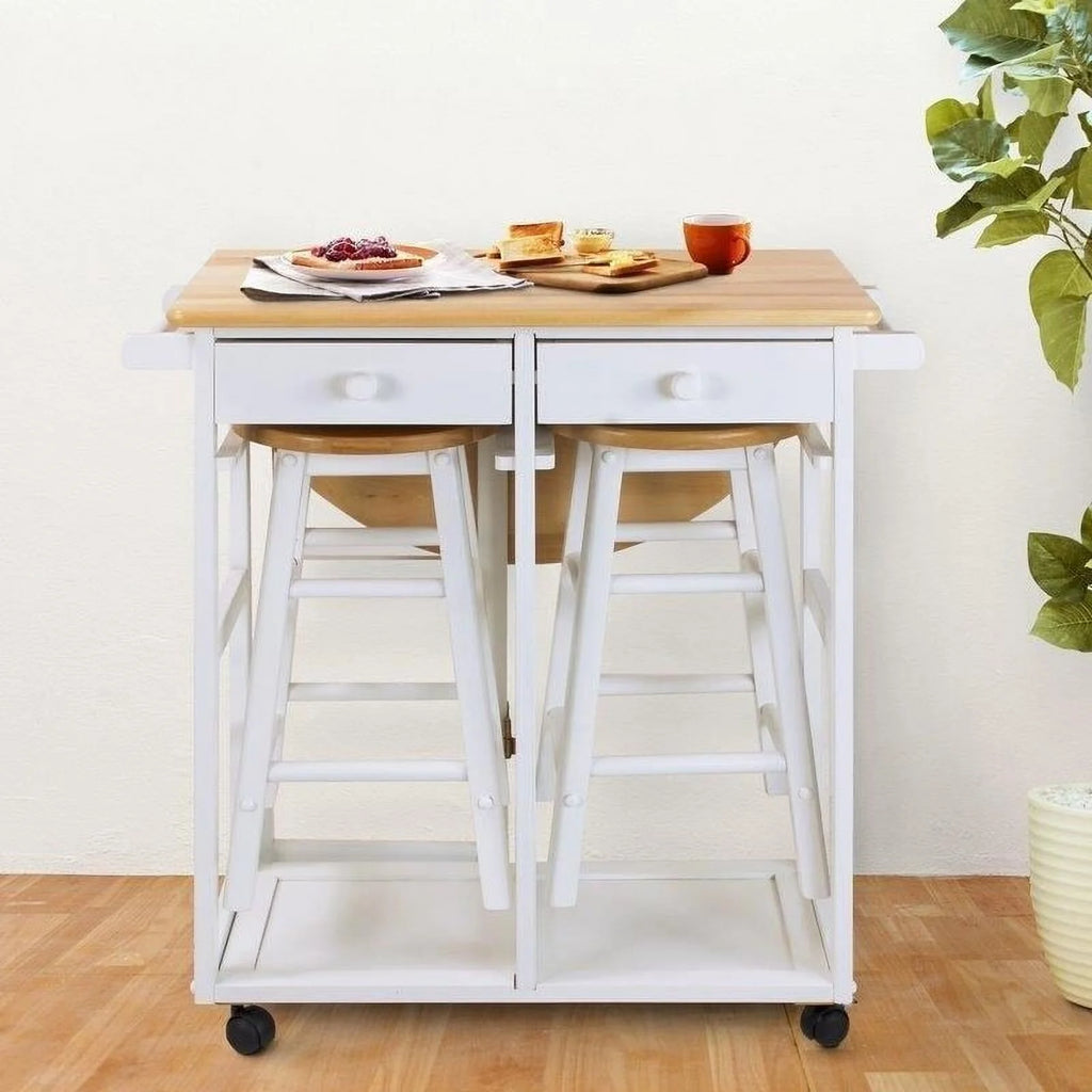 White Rolling Kitchen Cart with Stools S5211