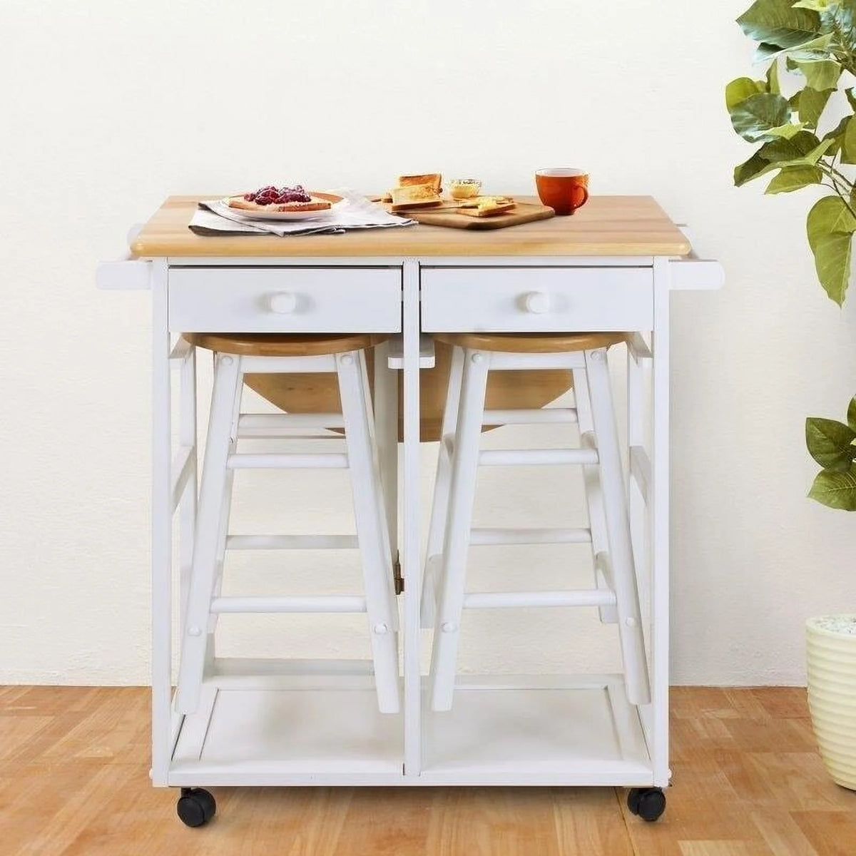 White Rolling Kitchen Cart with Stools S5211