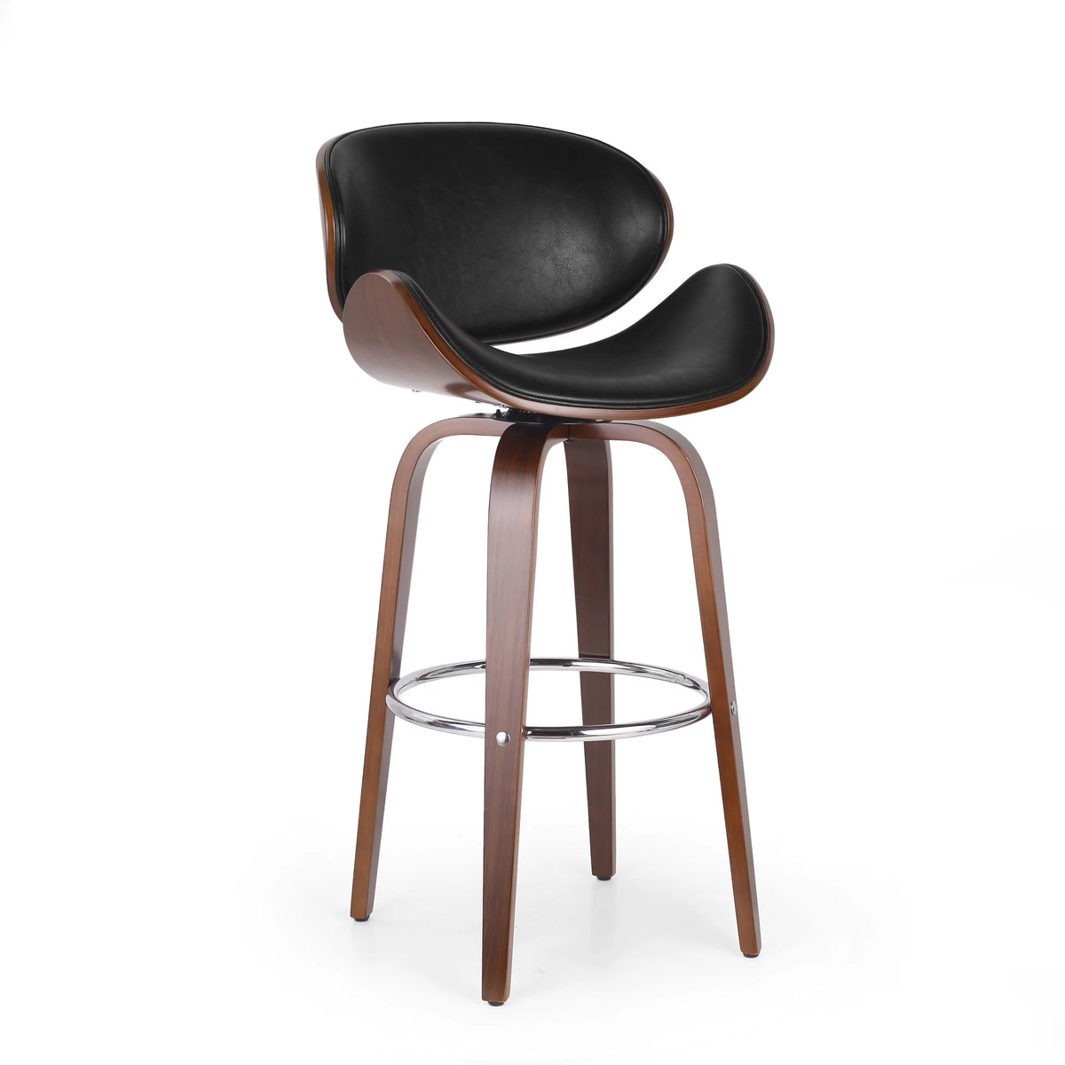 Mid Century Modern Faux Leather Wood Swivel Barstool F6811