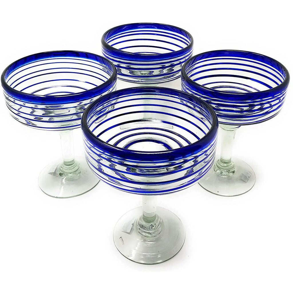 Set of 4 Hand Blown Margarita Glasses 16 oz Blue Spiral Design I253132