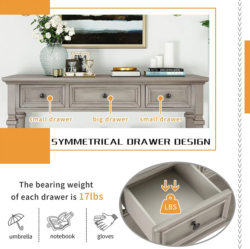 50" Gray Wash Console Table with 3 Drawers and Bottom Shelf E572