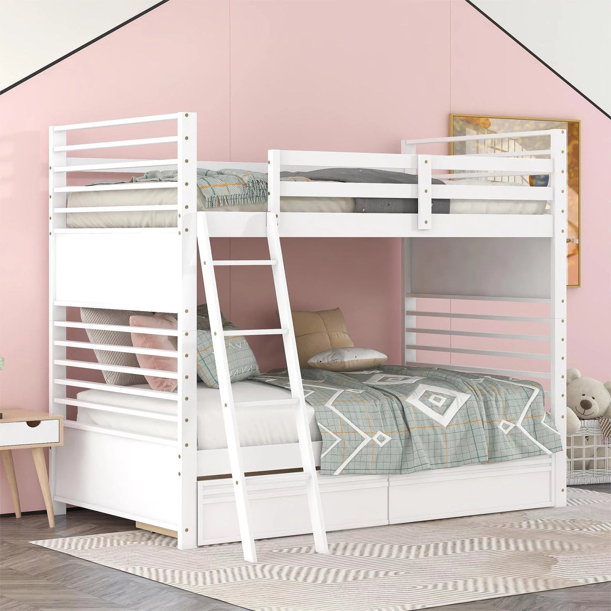Wood Twin over Twin Bunk Bed with 2 Drawers White R405097