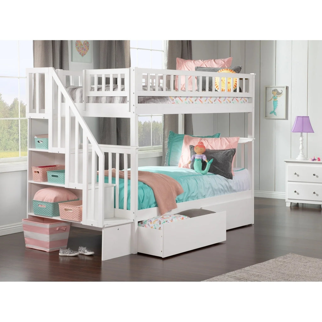 White Twin over Twin Bunk Bed with 2 Bed Drawers Y51579