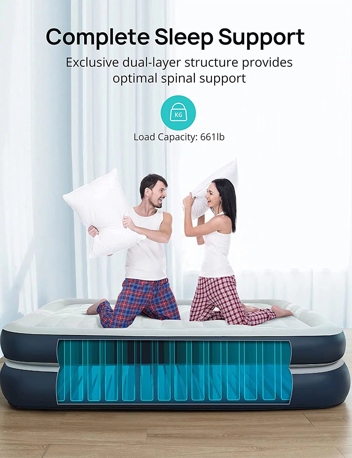 Full Size Air Mattress with Built in Pump 18'' Inflatable Blue T221163
