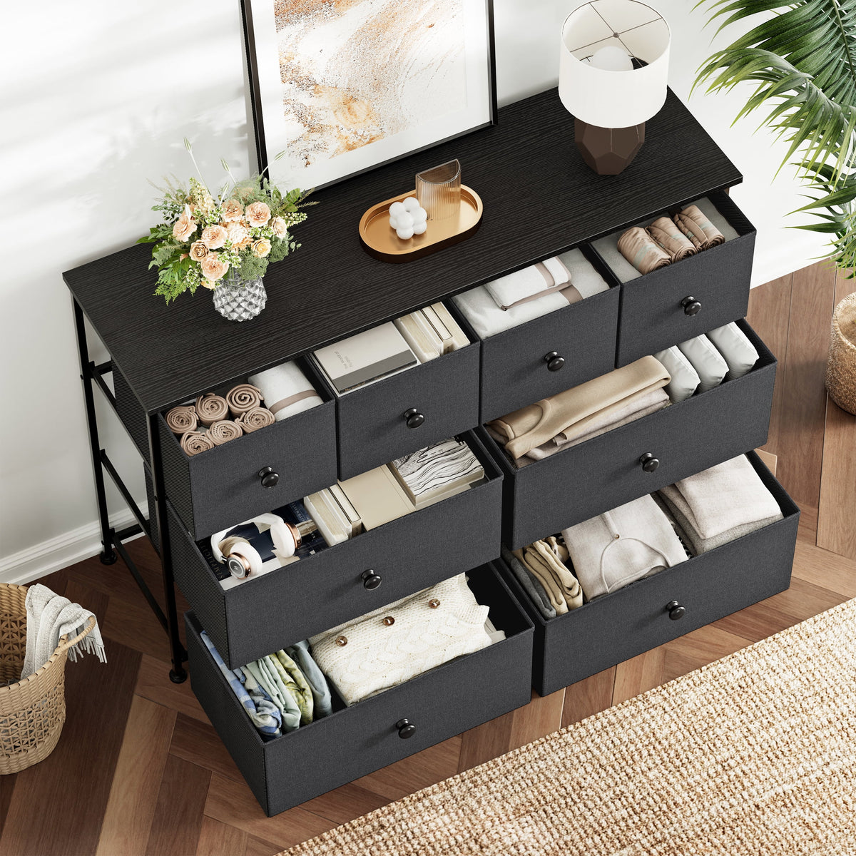 8 Drawer Fabric Dresser with Steel Frame and Wooden Top A303