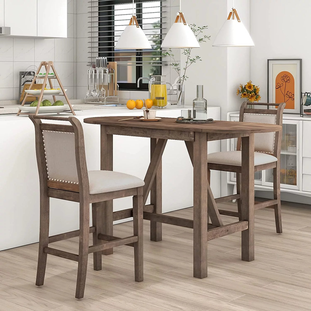 3-Piece Wood Counter Height Dining Table Set with 2 Upholstered Chairs and Drop Leaf Z506391