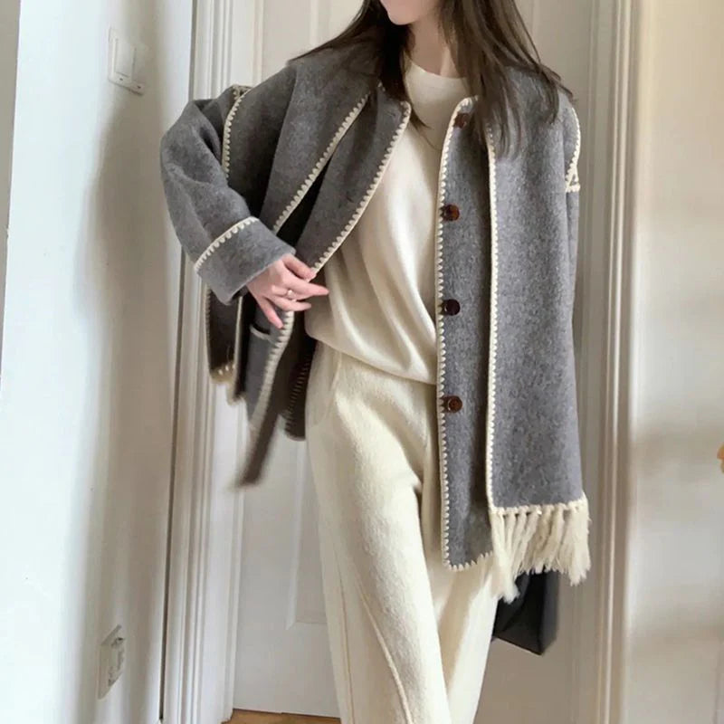 Draped Fringed Tassel Wool Blend Scarf Jacket R412