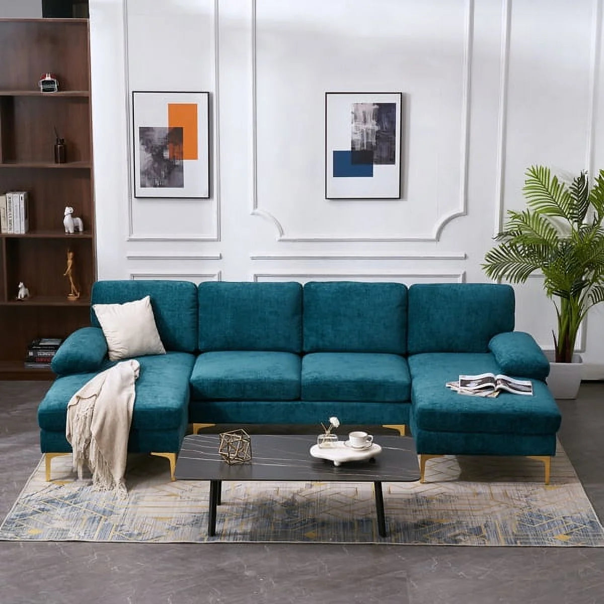 Dark Blue Chenille Convertible Sectional Sofa R49543