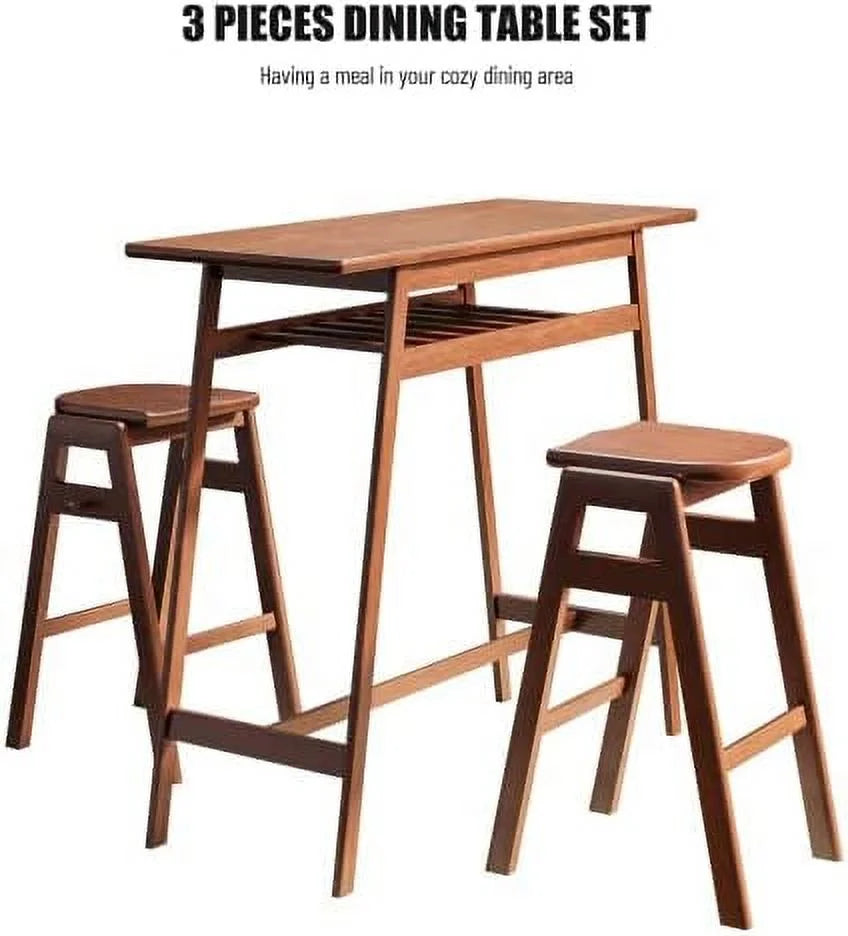 3 PCS Pub Dining Set Rubber Wood Stackable Backless High Stool with Shelf and Hooks H8399