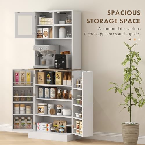 White Kitchen Pantry Cabinet with Microwave Shelf and 8 Door Storage S5929