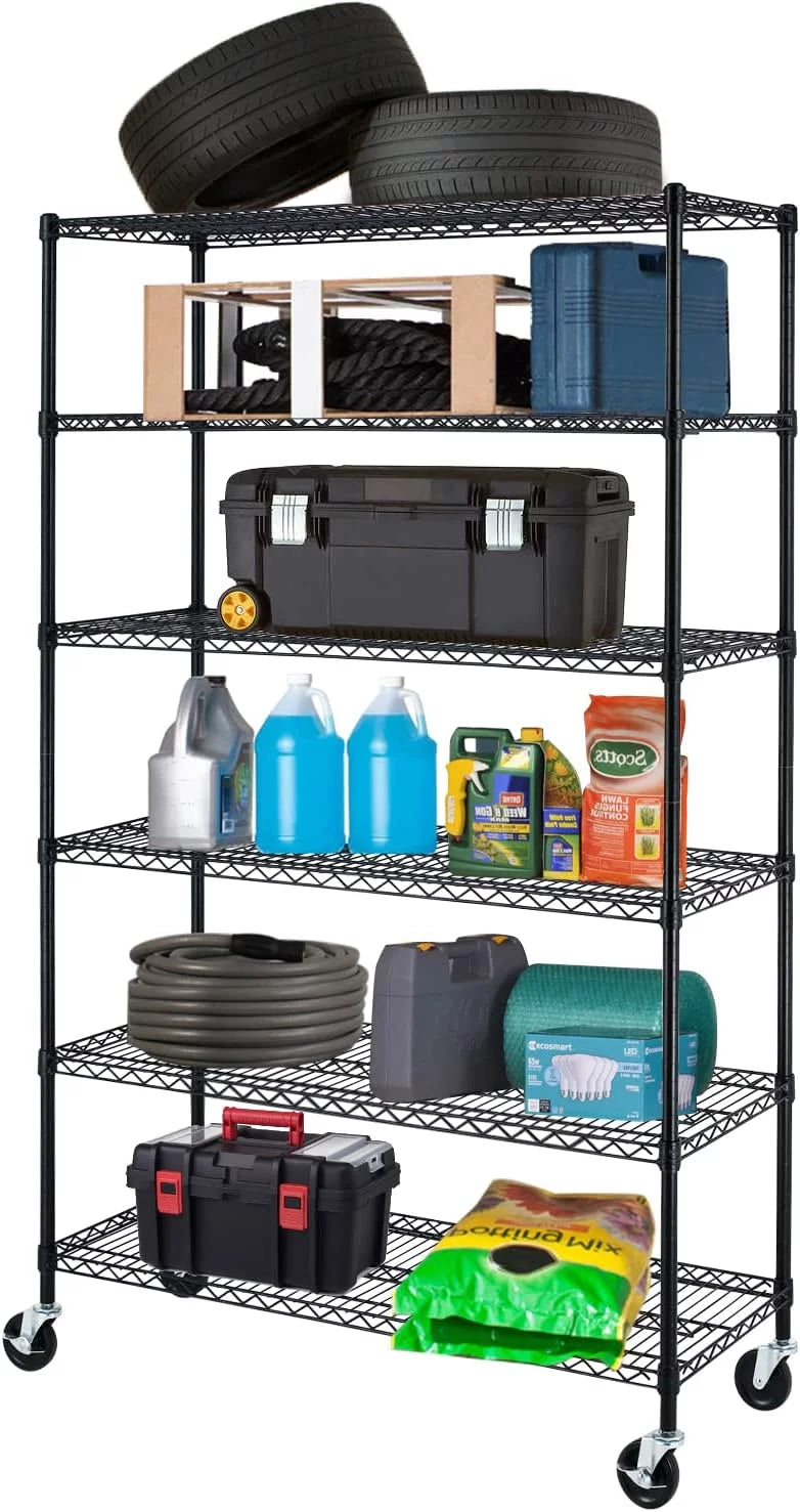 6000LBS Capacity 6 Tier Metal Shelves with Wheels, Black E8308