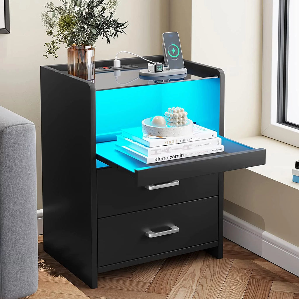 Black Nightstand with LED Lights and Charging Station F3723