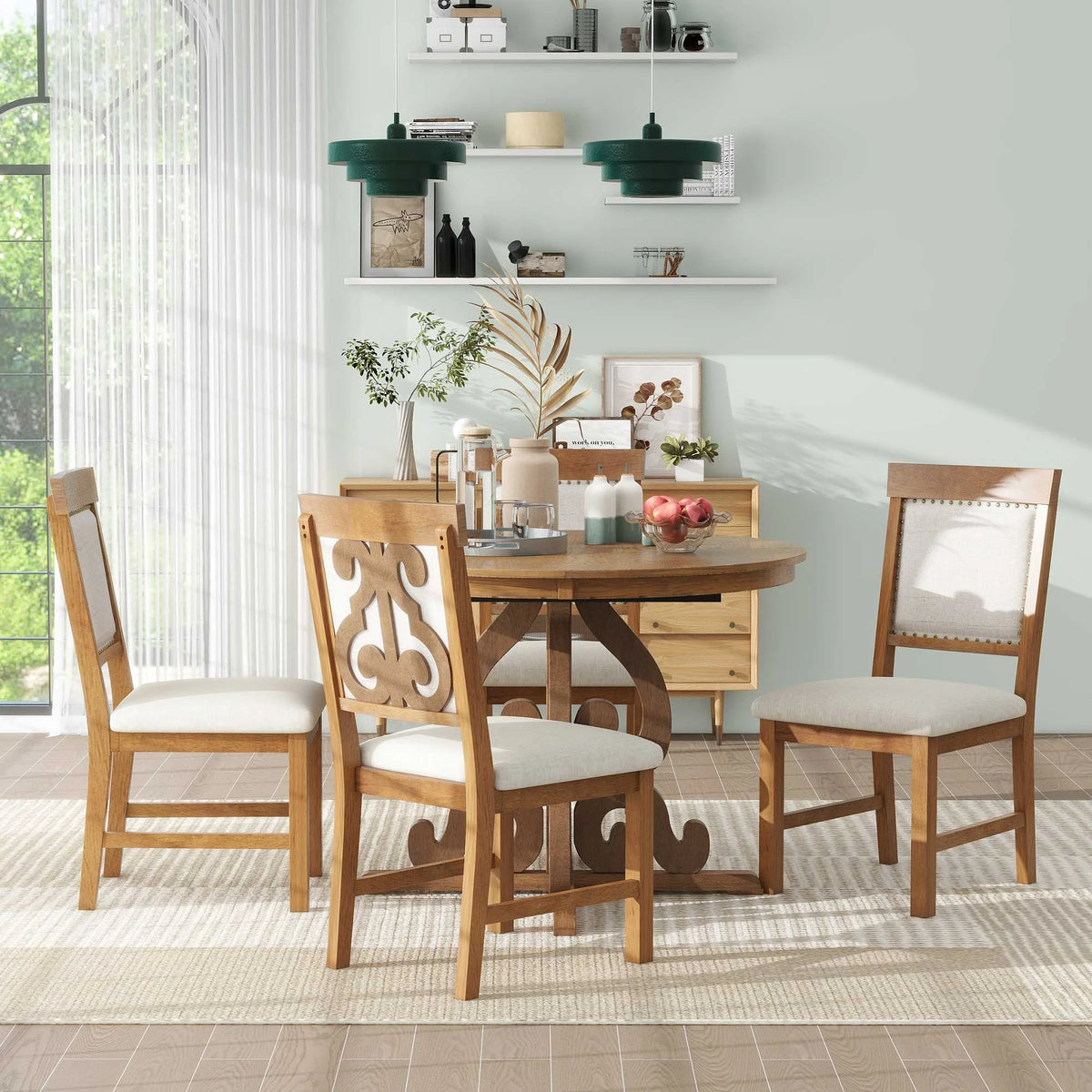 Extendable Round Dining Table Set for 4 with Upholstered Chairs T40952
