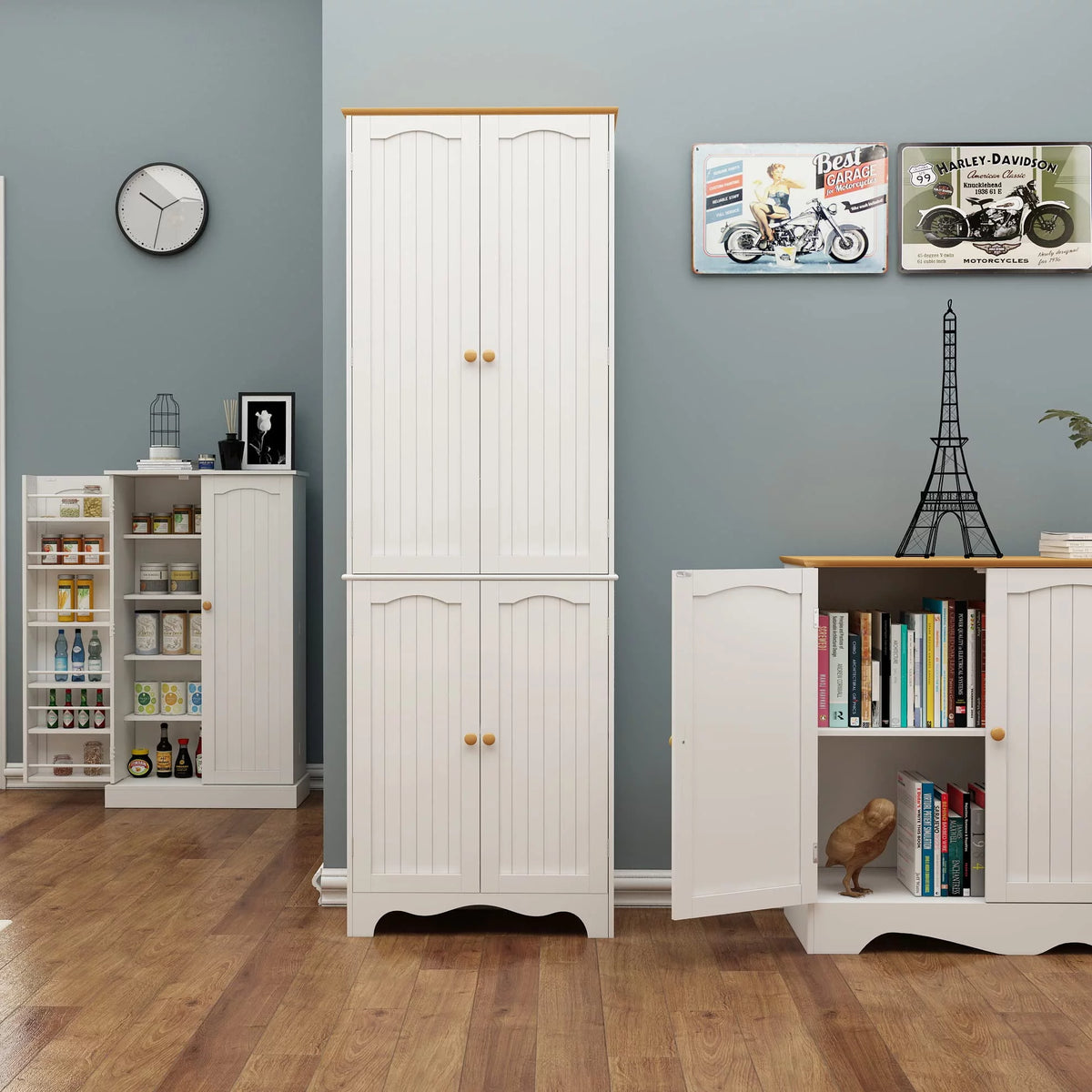 White 72'' Tall 4 Door Wooden Kitchen Pantry Cabinet U889