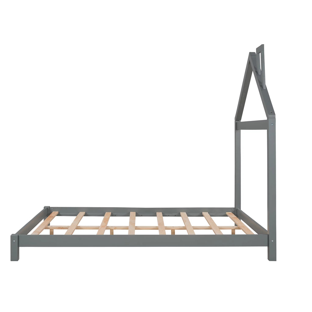 Full Size Gray Wood Platform Bed with House-shaped Headboard S68304