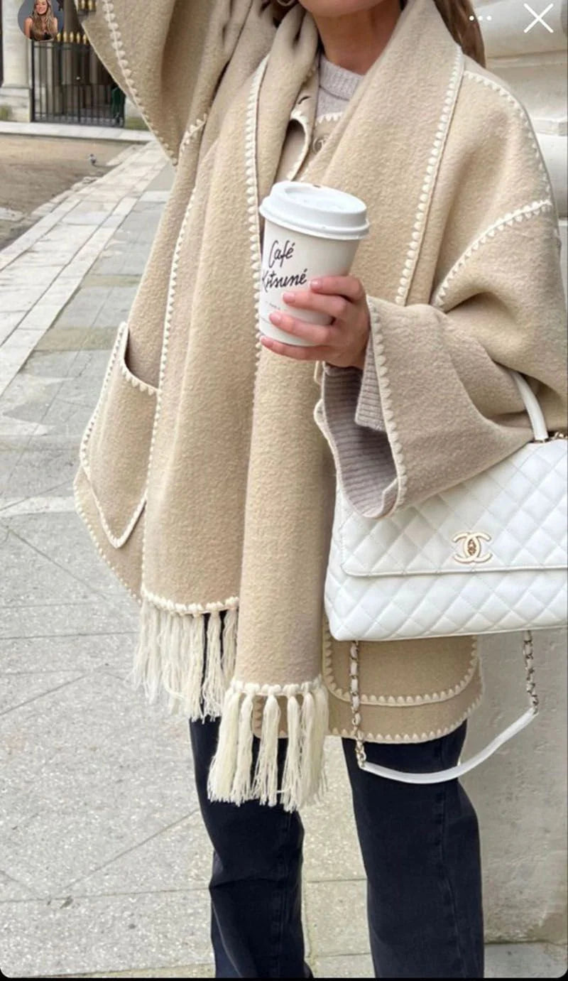 Draped Fringed Tassel Wool Blend Scarf Jacket R412