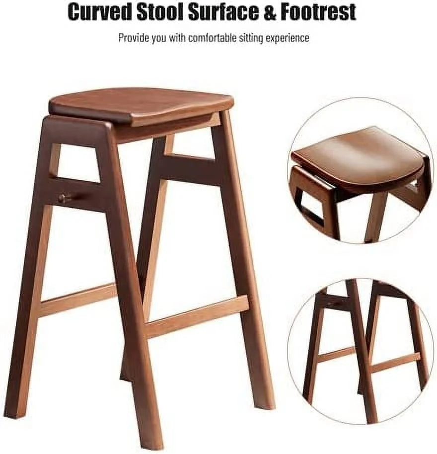 3 PCS Pub Dining Set Rubber Wood Stackable Backless High Stool with Shelf and Hooks H8399