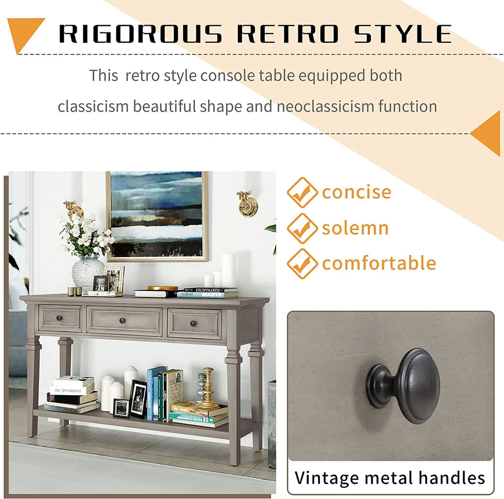 50" Gray Wash Console Table with 3 Drawers and Bottom Shelf E572