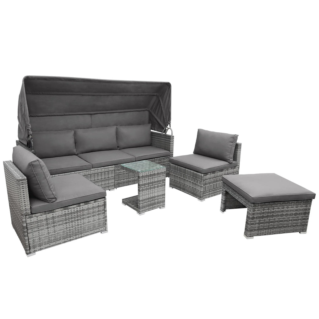 5 Pieces Rattan Sectional Sofa Set with Canopy and Side Table T956593