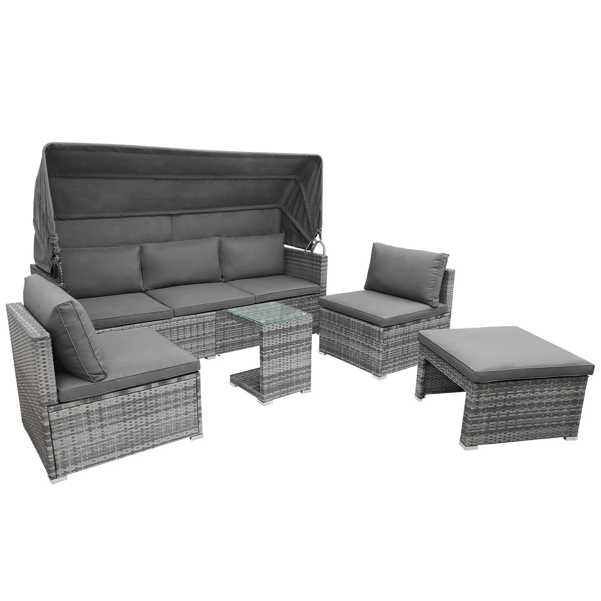 5 Pieces Rattan Sectional Sofa Set with Canopy and Side Table T956593