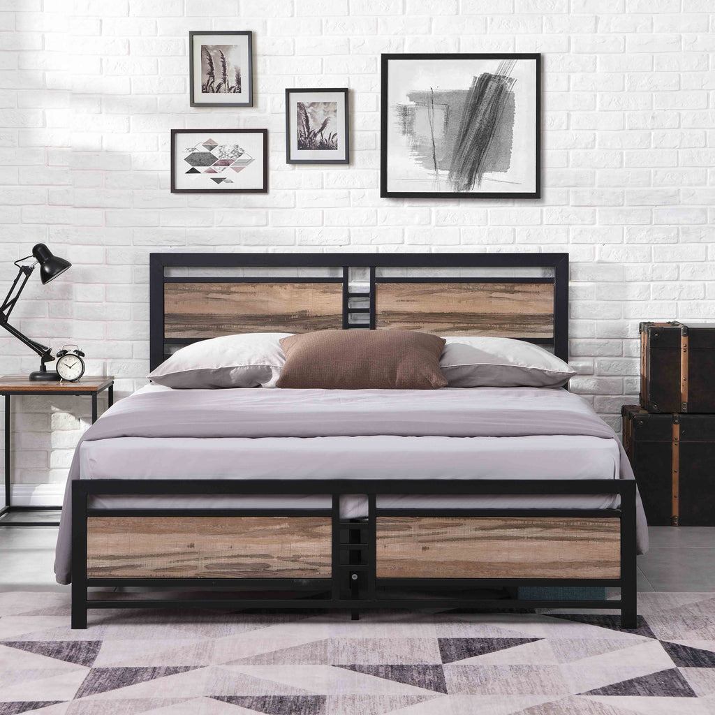 Queen Size Metal Platform Bed Frame with Wood Headboard and Footboard Y26434