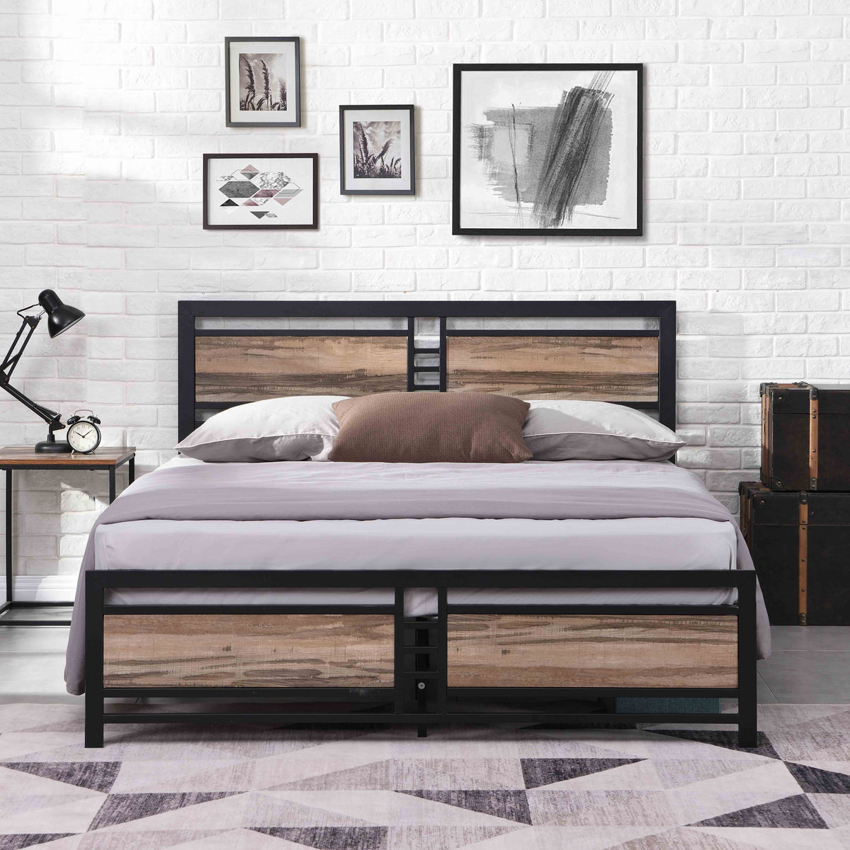 Queen Size Metal Platform Bed Frame with Wood Headboard and Footboard Y26434