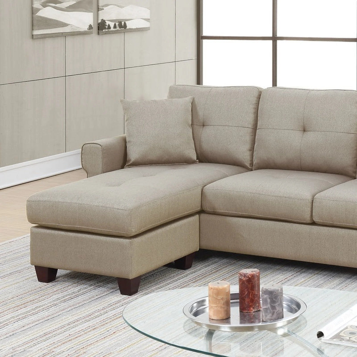 2 Piece Fabric Compact Sectional Sofa Set in Beige E1280