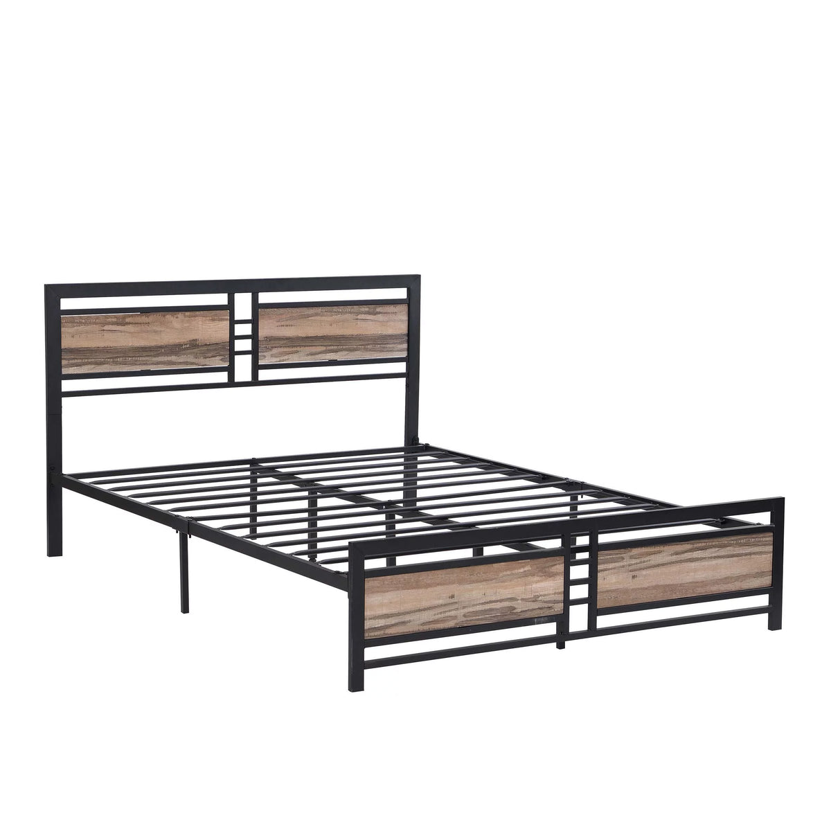 Queen Size Metal Platform Bed Frame with Wood Headboard and Footboard Y26434