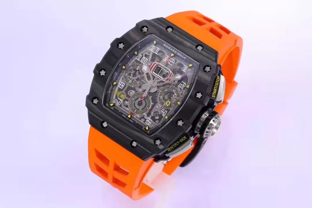 Skeleton Dial Black Bezel Orange Rubber Strap R82308