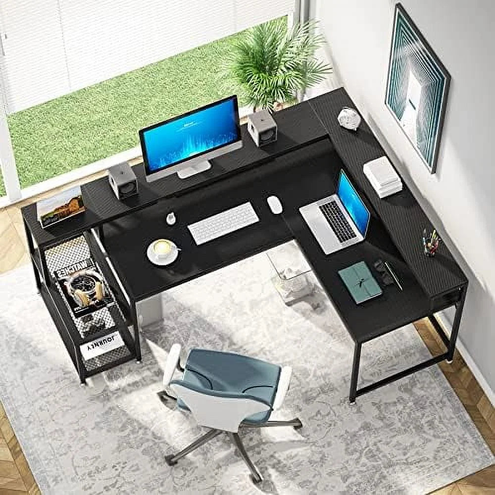 69 Inch L Shaped Desk with Monitor Stand Black H902