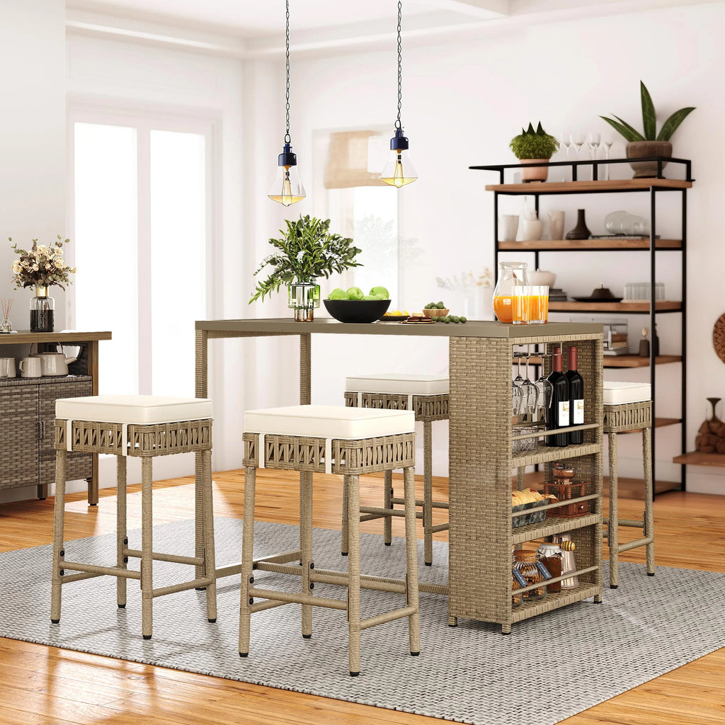 Beige 5 Piece Rattan Wicker Bar Set with 4 Bar Stools V6365