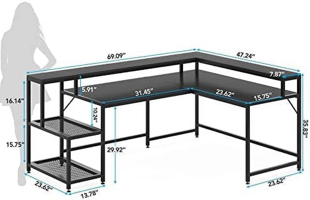 69 Inch L Shaped Desk with Monitor Stand Black H902