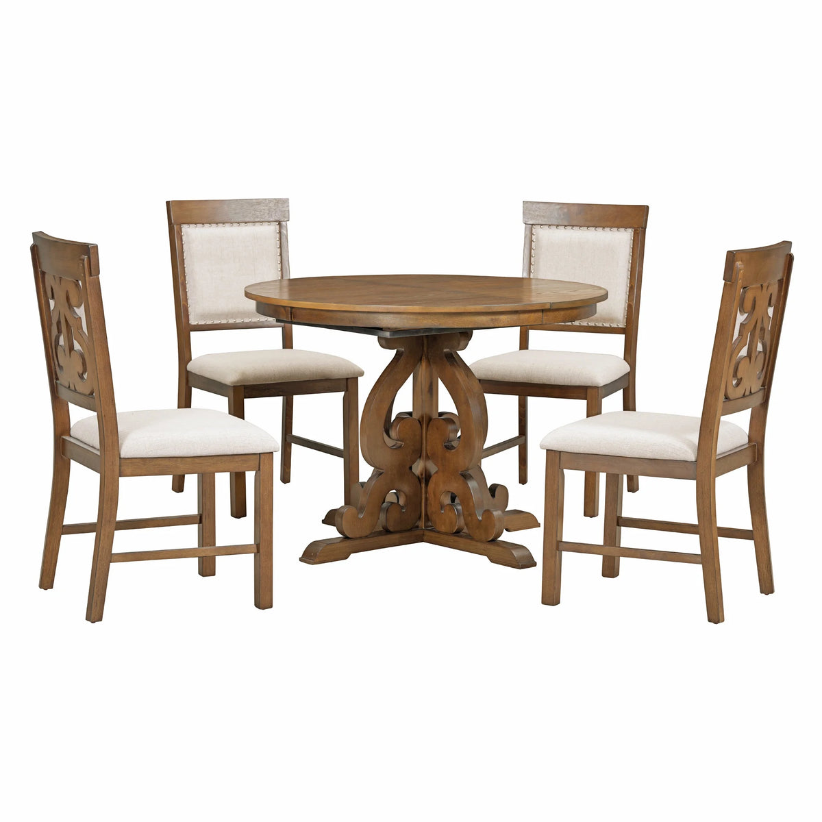 Extendable Round Dining Table Set for 4 with Upholstered Chairs T40952