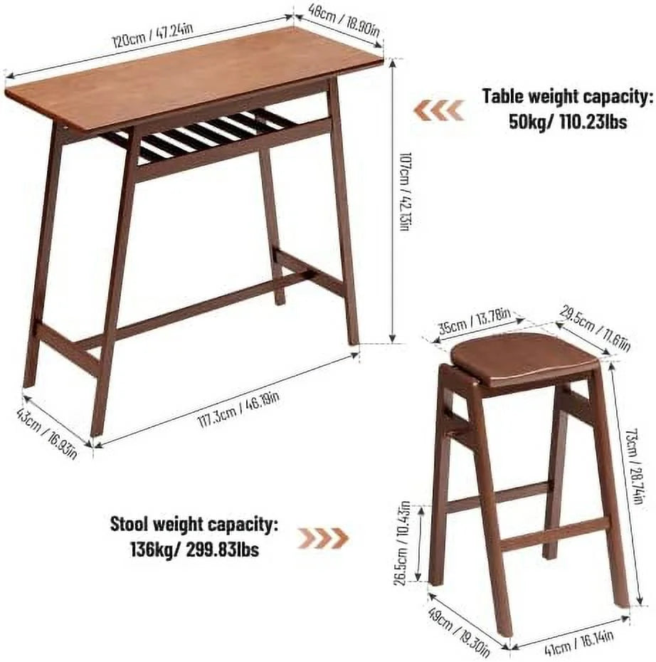3 PCS Pub Dining Set Rubber Wood Stackable Backless High Stool with Shelf and Hooks H8399