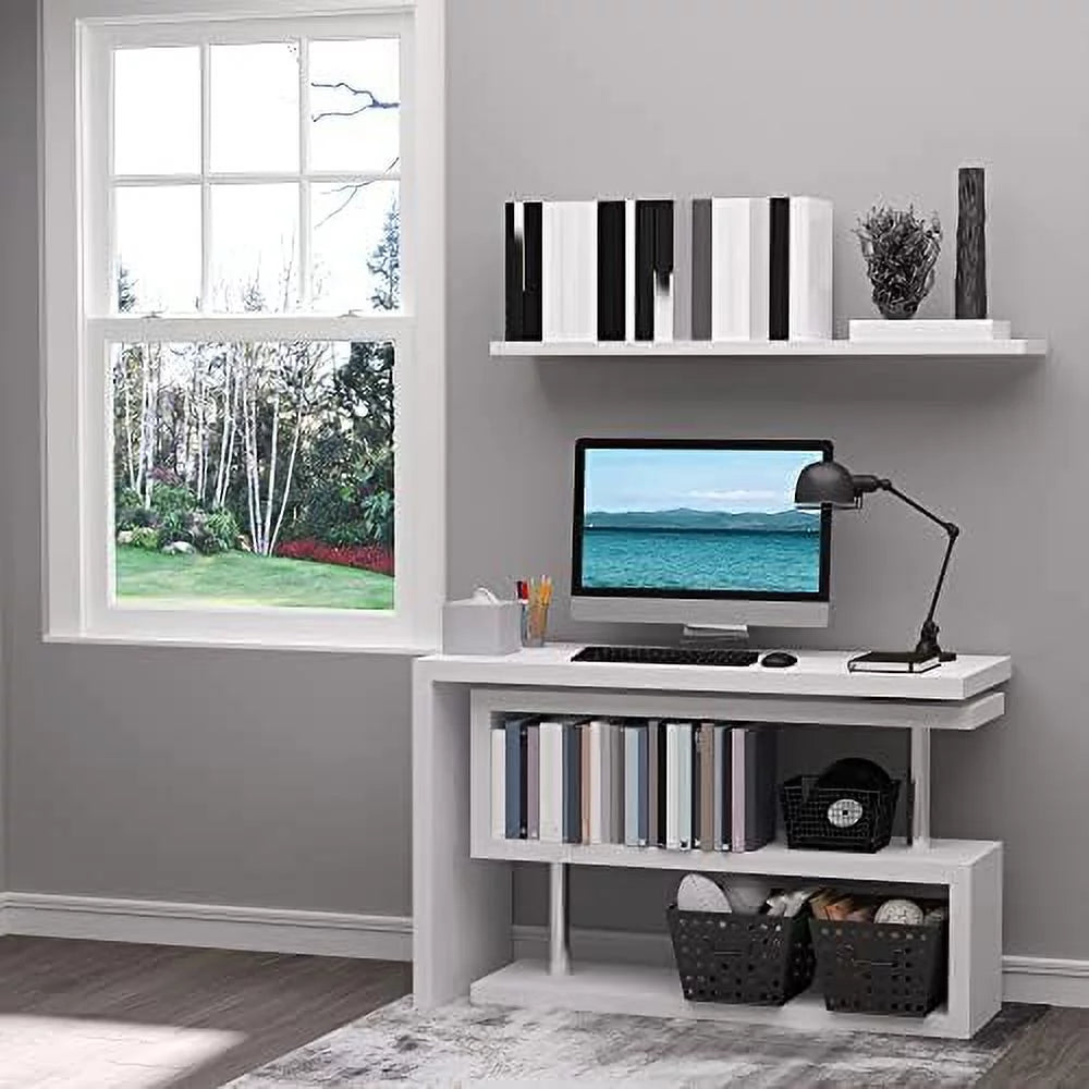 L Shaped Corner Computer Desk with 3-Tier Shelves White A97745