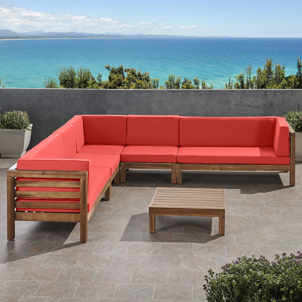 Acacia Wood 7 Seater Sectional Sofa with Cushions W91591